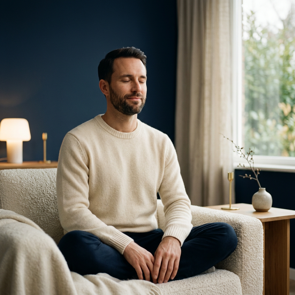 Professional man finally relaxing at home after mentally switching off from work