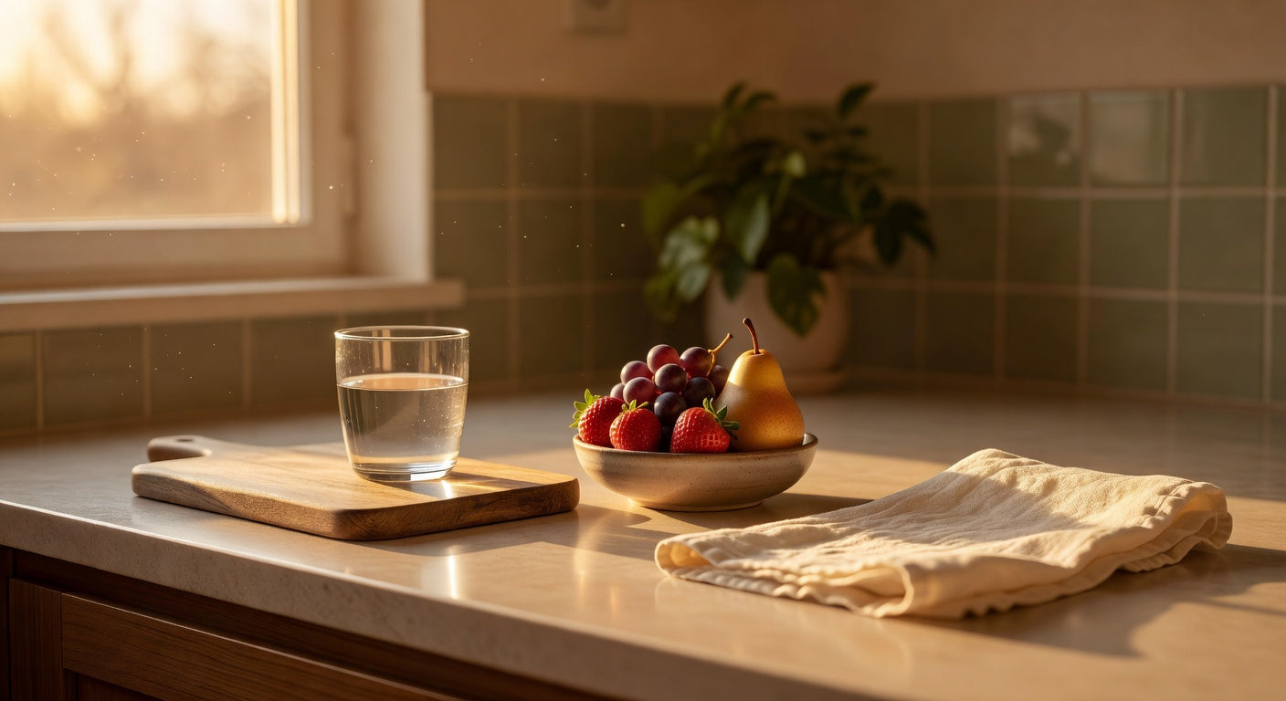 Kitchen counter at golden hour with wooden cutting board, glass of water, fruit bowl and cream linen towel in warm natural light.